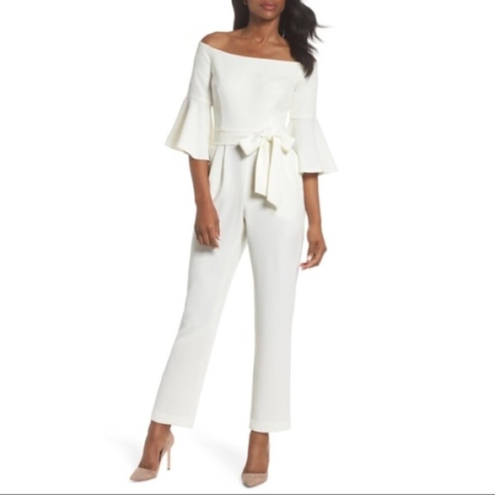 Eliza J Off the Shoulder Jumpsuit 8 White Bell Sleeve‎ Belted Bridal Wedding